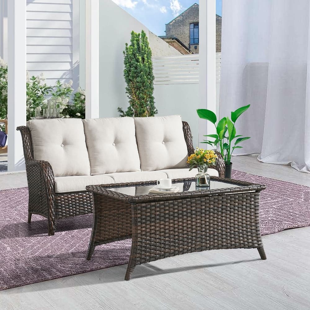 Gymojoy 2-Piece Outdoor Wicker Patio Furniture with 3 Seat Sofa, Rattan Coversation Set with Water Resistant Thick Cushions