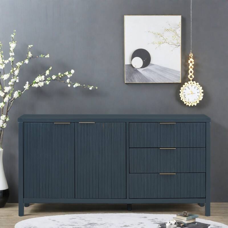 60" MDF Wave Design Console Tables - 2 cabinet & 3 Drawers with Acacia Wood Legs