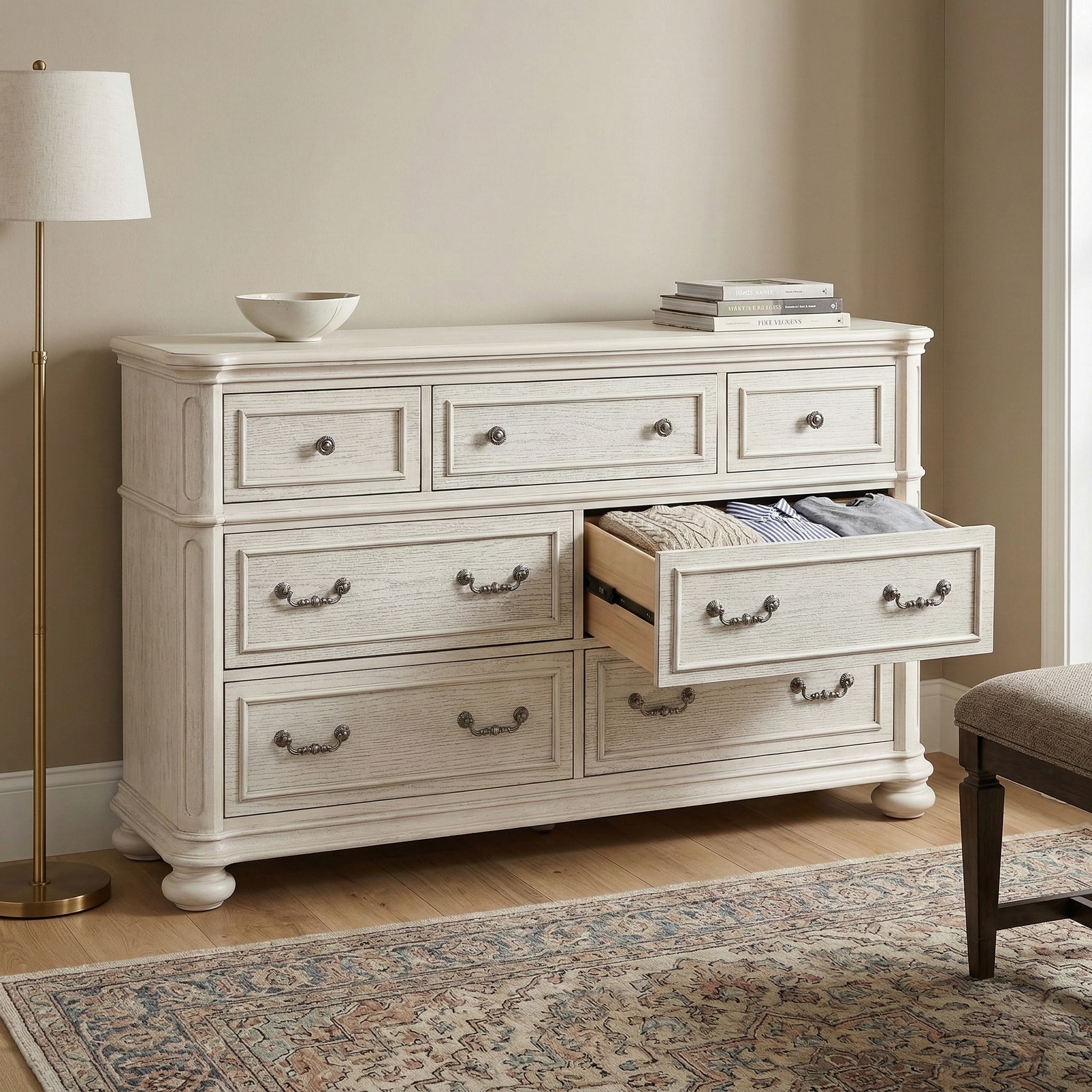 white round dresser TOV Furniture Tactile wood surfaces are wire brushed to simulate the raised grain patina of naturally weathered wood Benjara Heno White and Nickel
