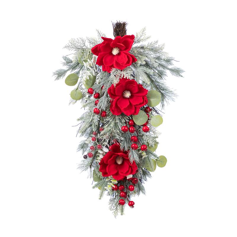 Glitzhome Christmas Red Mangnolia & Berry Wreath Garland Teardrop Hanging Decor