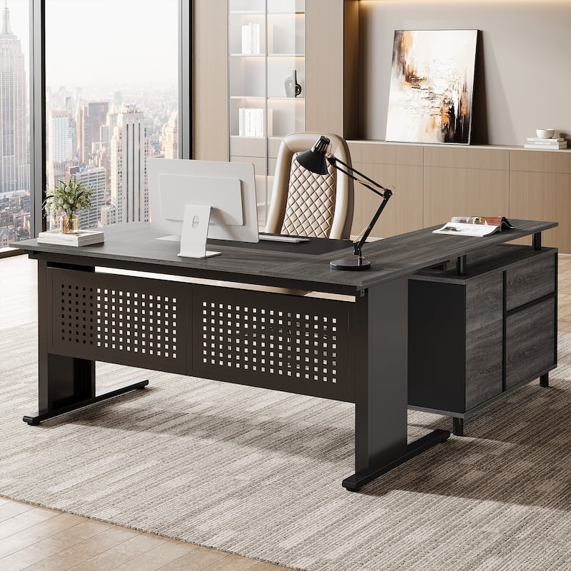 63-Inch L-Shaped Executive Desk with Storage Shelves