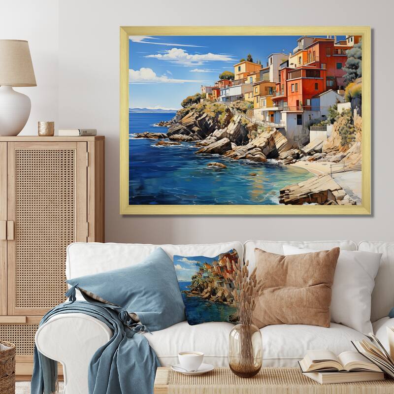 Designart "Spain Spanish Coastline" Nautical & Beach Framed Canvas Wall Art - Gold - 44 in. wide x 34 in. high