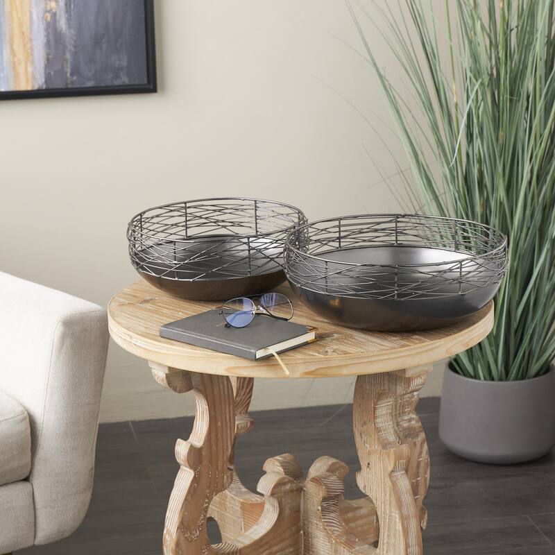 Metal Abstract Intertwined Wire Decorative Bowl with Solid Matte Base - Set of 2 Black - Roche River Decor