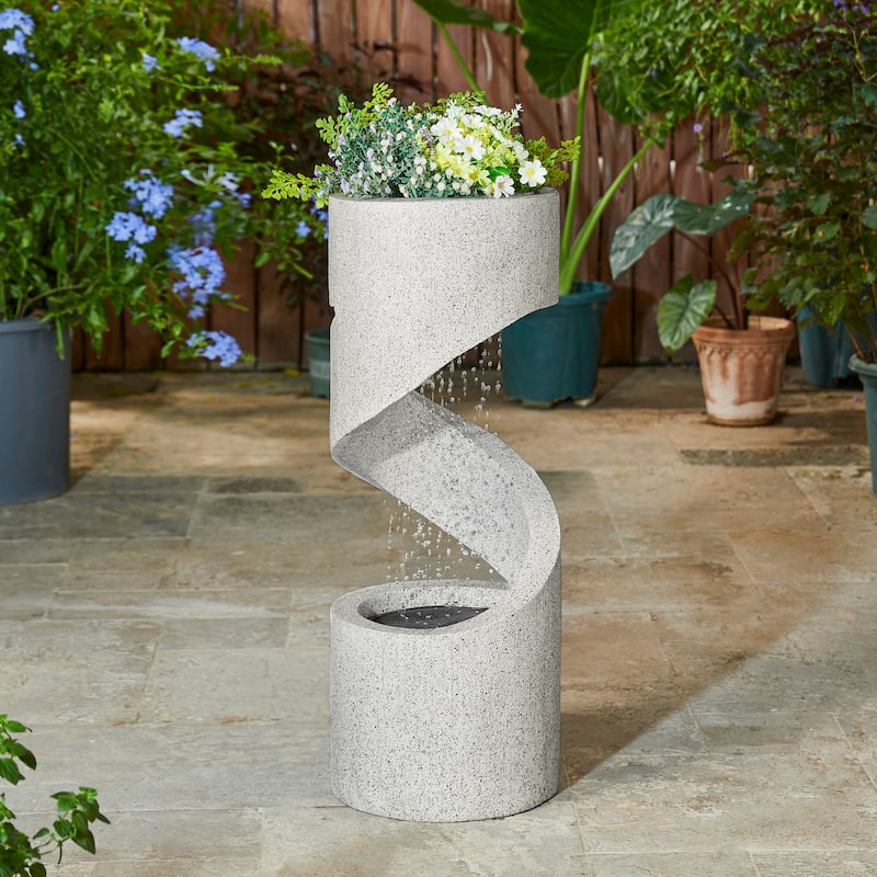 32-Inch Modern Polyresin LED Spiral Outdoor Fountain With Small Planter by Glitzhome