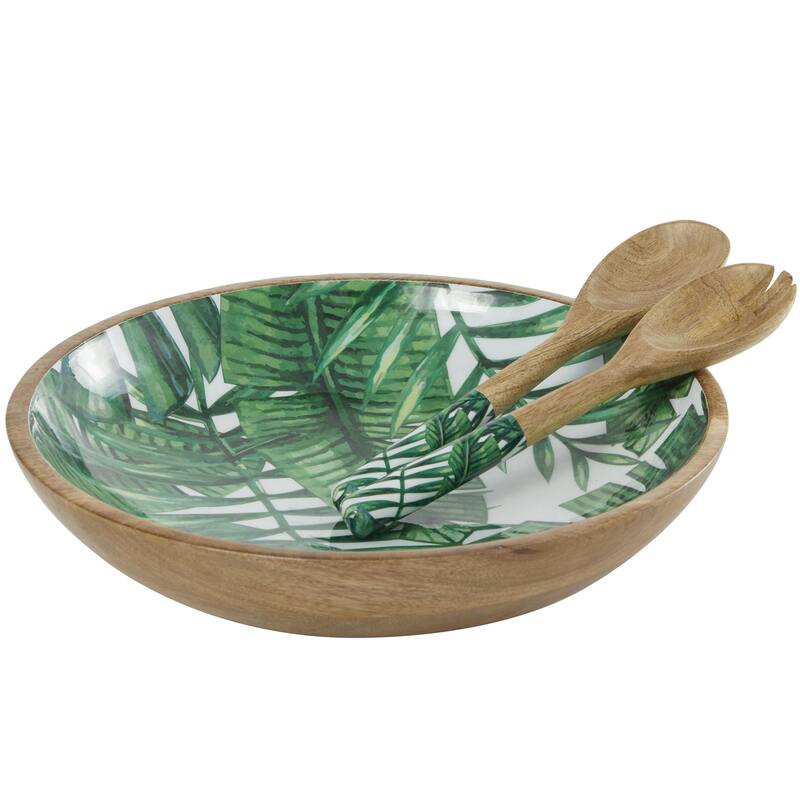 Mango Wood Handmade Decorative Bowl with Matching Salad Serving Utensils - Set of 3 Cream or Green - Roche River Decor