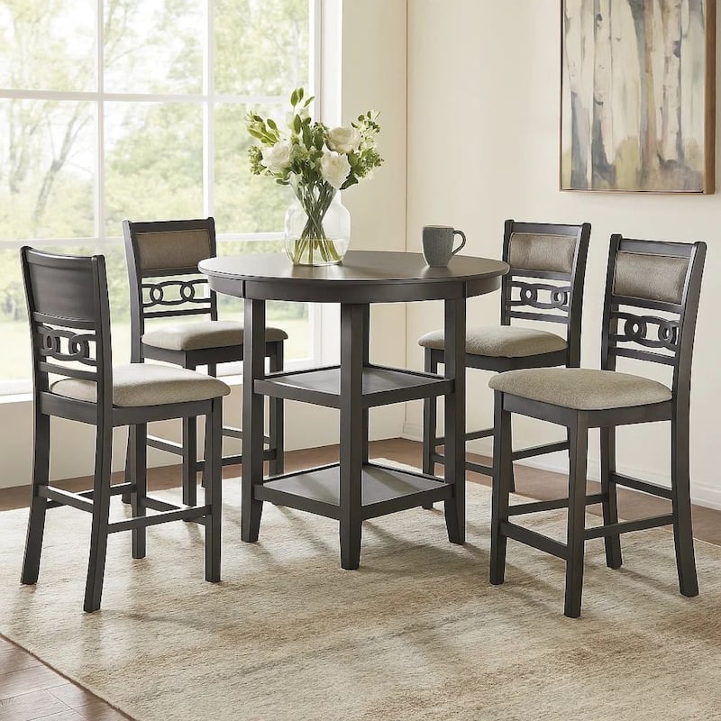 5 Piece Counter Height Table with Open Geometric Back Chairs, Gray