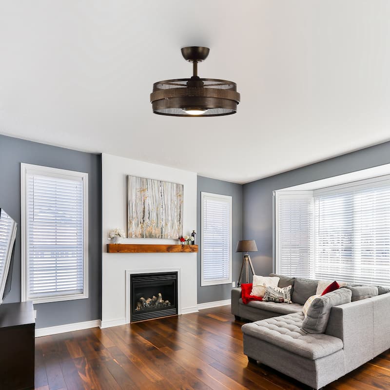 21-inch Brown Rustic Cage Small Ceiling Fan/ Fandelier with Light and Remote - 21 in. D x 21 in. W x 15.5