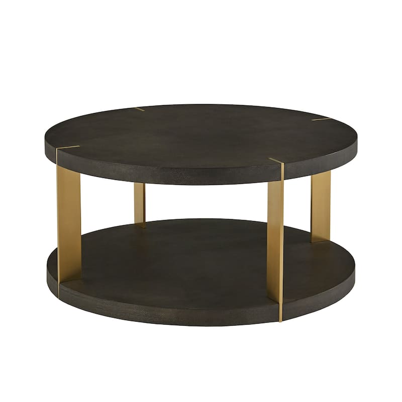 Vennesla Gold Finish Metal Dark Brown Faux Shagreen Round Table Set by iNSPIRE Q Bold - Coffee Table