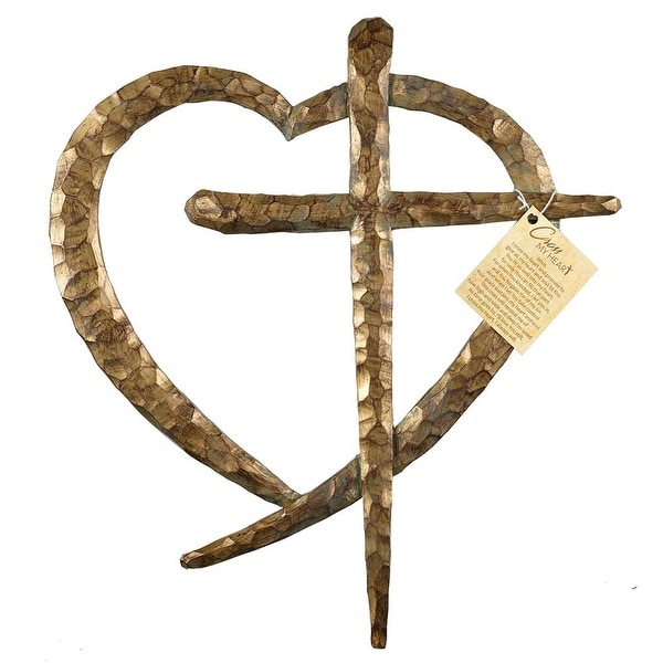 13.5" Brown Chiseled Texture Religious Wall Cross in a Heart - N/A