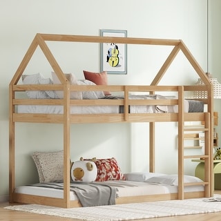Natural Twin over Twin House-Shaped Bunk Bed with Ladder, Guardrails, and Low Height Design