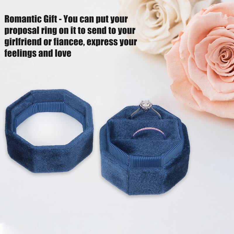 Velvet Ring Box, Double Ring Box 2 Slots Display Holder Jewelry Storage for Wedding - Dark Blue