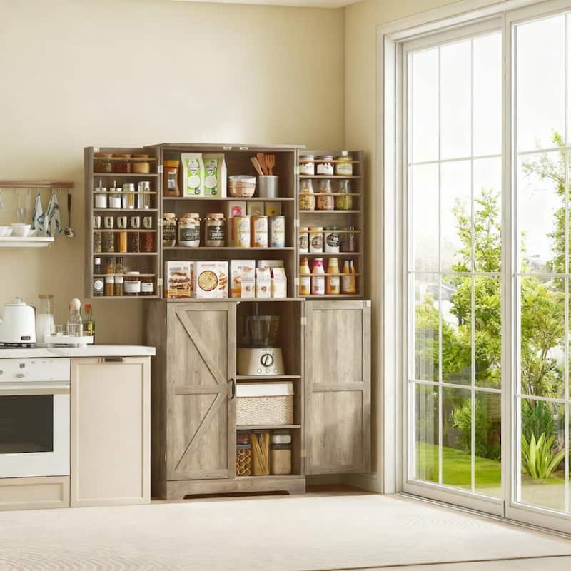 Tall Pantry Cabinet with Barn Doors - Kitchen Storage with Adjustable & Door Shelves - Grey