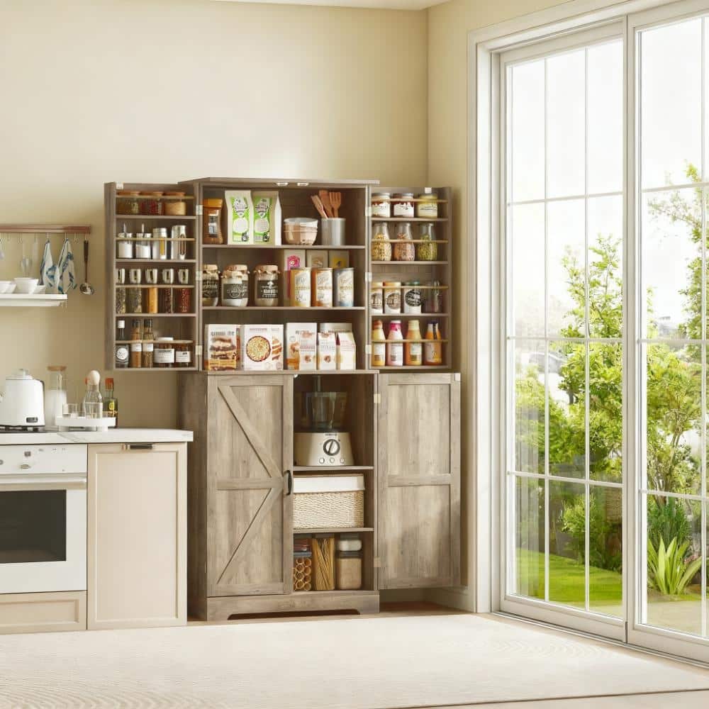 Tall Pantry Cabinet with Barn Doors - Kitchen Storage with Adjustable & Door Shelves