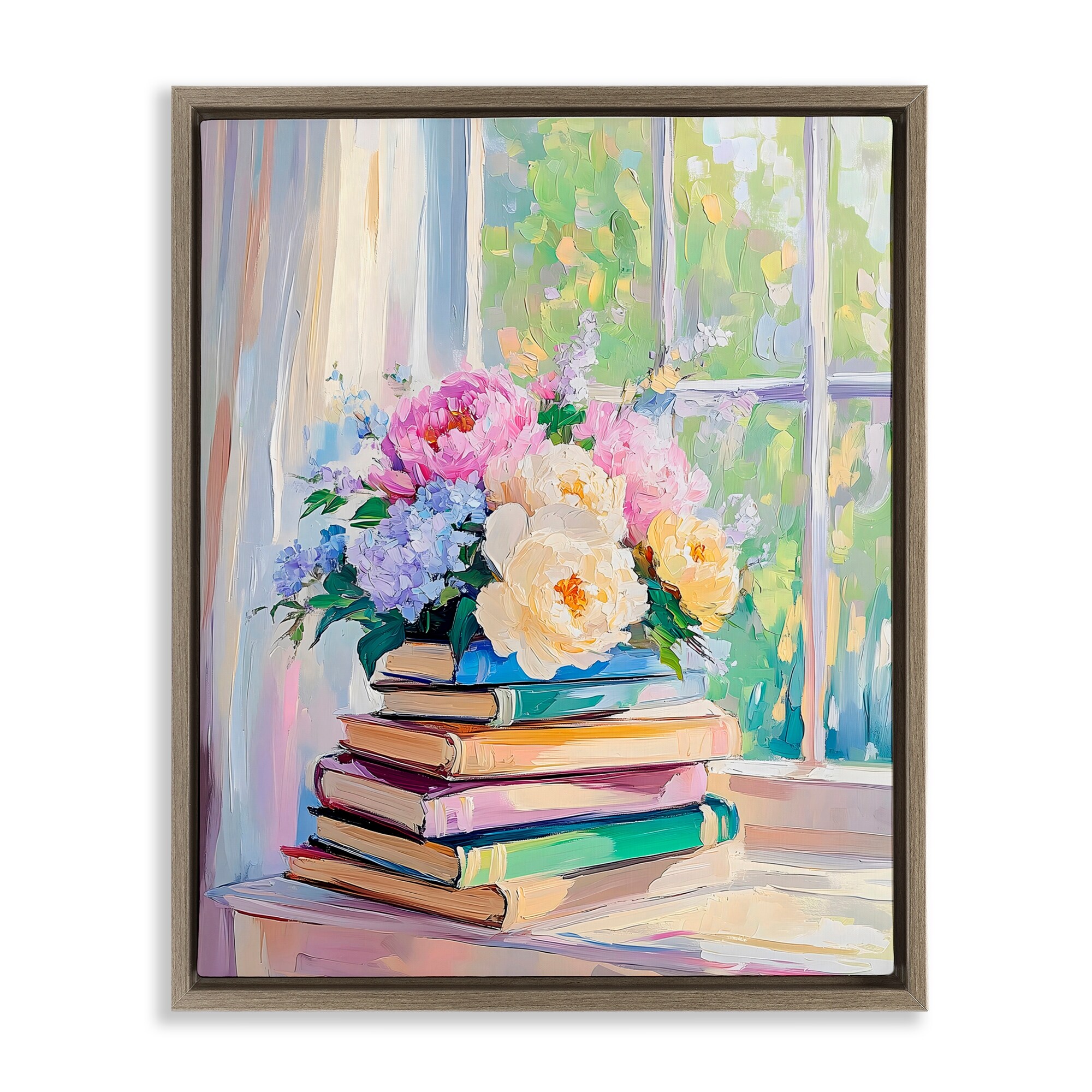 Stupell Pastel Floral Book Stack Framed Floater Canvas Wall Art Design By Arlington Prints
