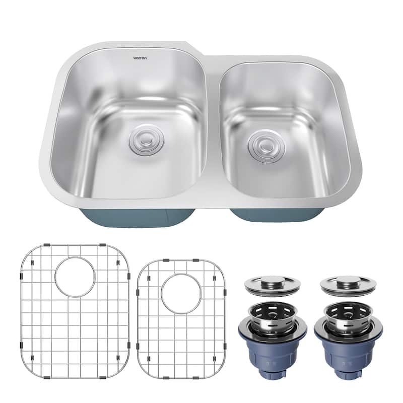 Karran Profile 31" Undermount 18 Gauge Double Offset Bowl Stainless Steel Kitchen Sink with Accessories