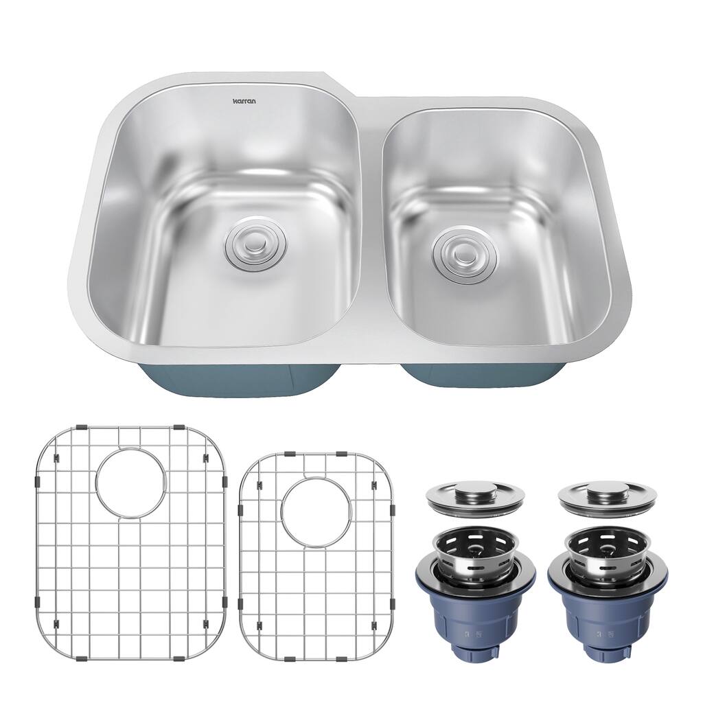 Karran Profile 31" Undermount 18 Gauge Double Offset Bowl Stainless Steel Kitchen Sink with Accessories