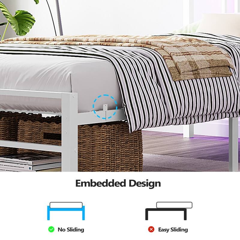 Twin Metal Platform Bed Frame with Storage Headboard,LED Lights,Charging Station,Wooden Storage Shelf,Underbed Storage Space