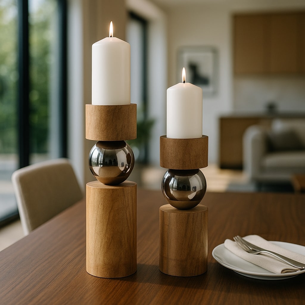 Candle Holders Set of 2 - Tan Wood Iron Sphere, 11/13" - 13.0"