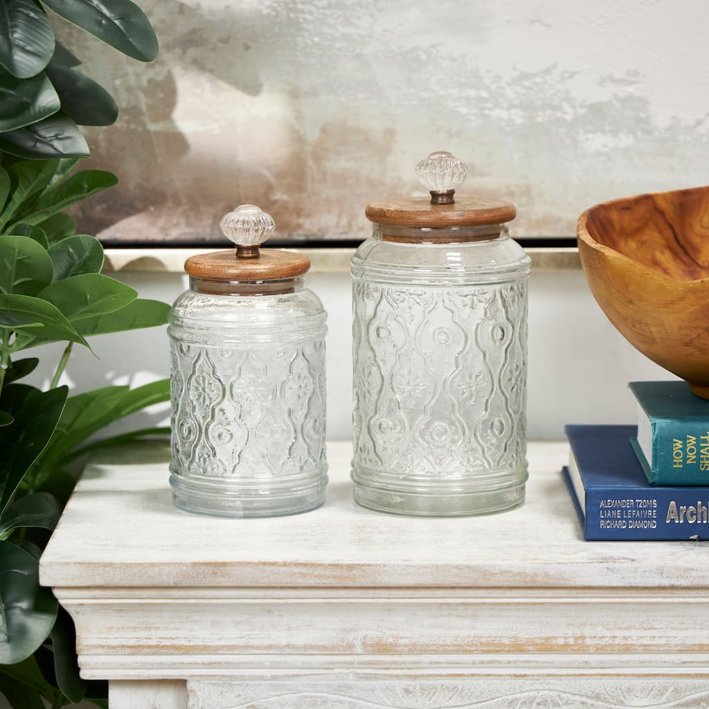 Clear Glass Floral Living Room Decorative Jars with Brown Wooden Lids and Antique Style Knobs (Set of 2)