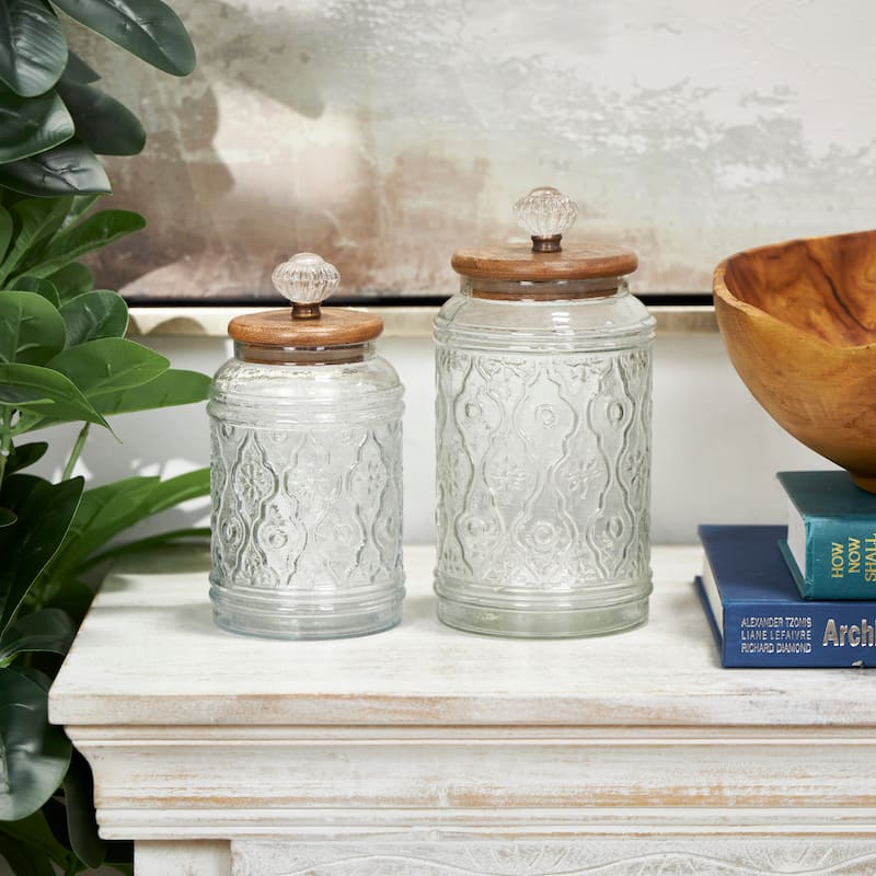Clear Glass Floral Living Room Decorative Jars with Brown Wooden Lids and Antique Style Knobs (Set of 2) - Clear