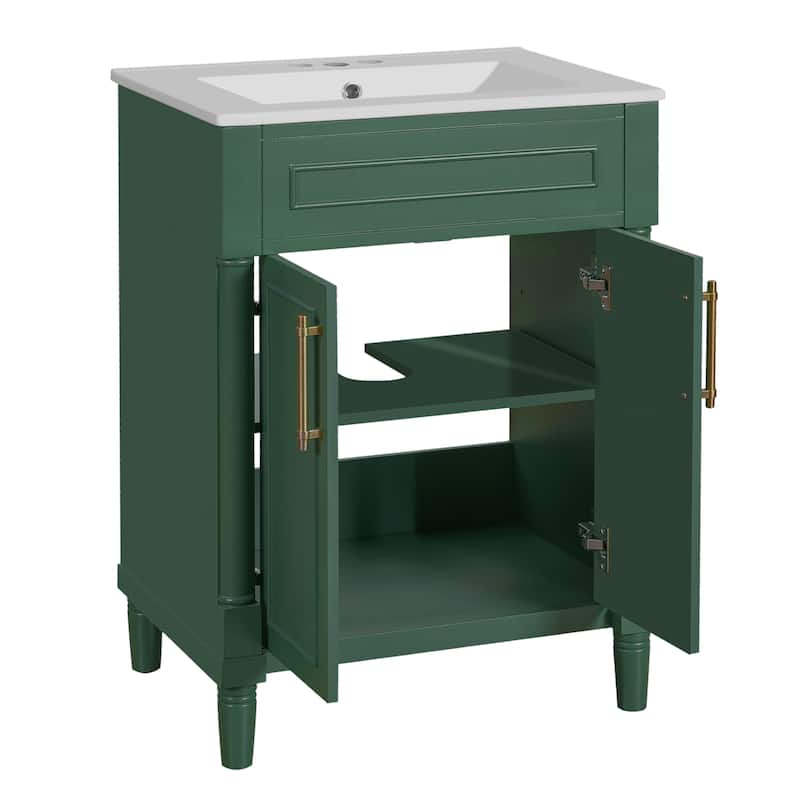Elegant Bathroom Vanity Freestanding Storage Cabinet with Sink, 2 Doors, Gold Handles and Adjustable Interior Shelf