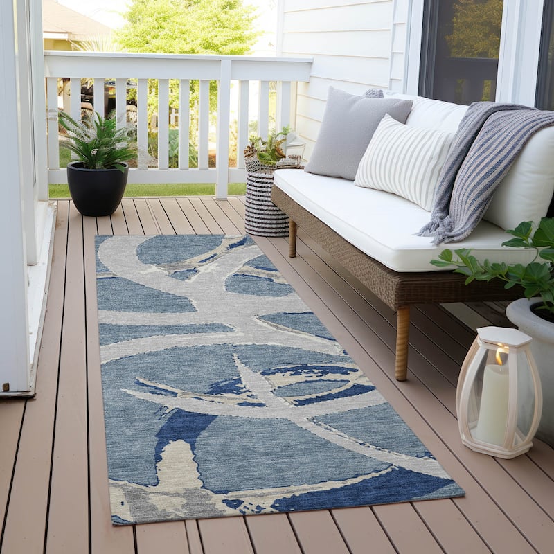 Machine Washable Indoor/ Outdoor Abstract Contemporary Chantille Rug - Denim - 2'3" x 7'6"