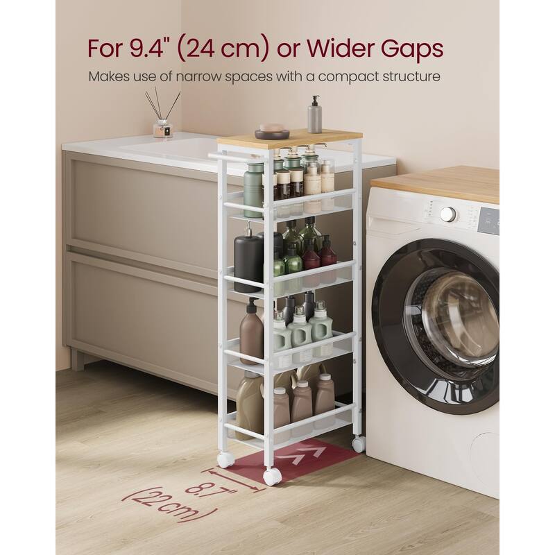 Slim Rolling Cart, 5-Tier Storage Cart, Narrow Cart with Handle, 8.7 Inches Deep, Metal Frame, for Kitchen, Dining Room