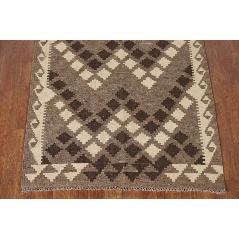 Brown Geometric Kilim Area Rug Oriental Flatweave Wool Carpet - 3'4"x 4'9"