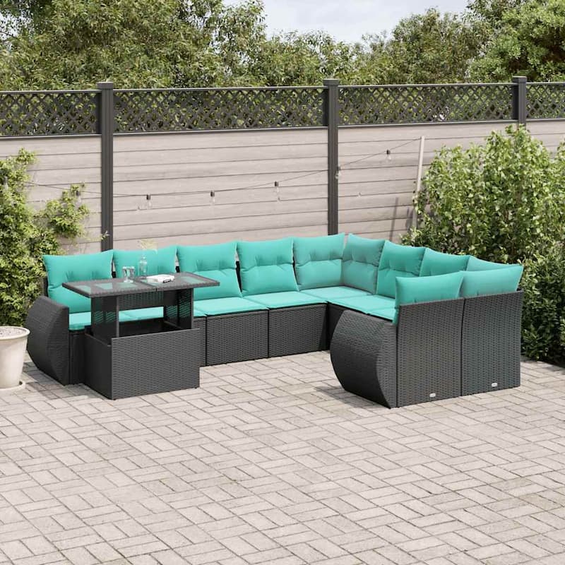 vidaXL Patio Sofa Set with Cushions and Table Outdoor 10 Piece Poly Rattan - 24.4 x 24.4 x 27.2 - Black