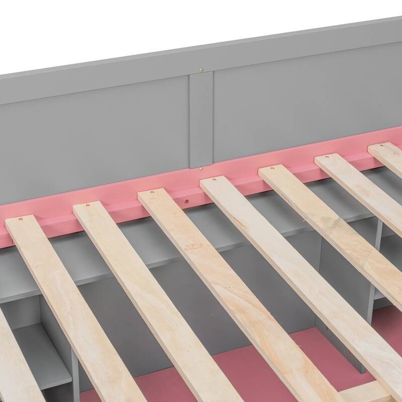 Full Over Full Bunk Bed with Twin Trundle, Staircase, Kids Loft Bed with Storage, LED Lighting, Space-Saving Wood Bed Frame