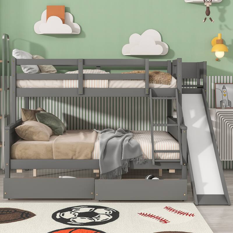 Twin over Full Bunk Bed with Solid Slats, Detachable Wood Beds Frame - Grey - Full