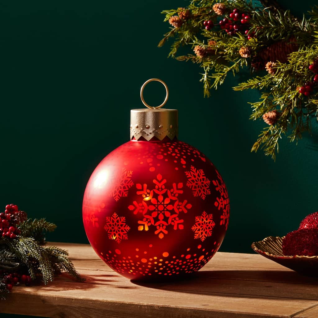 LED Lighted Snowflake Glass Christmas Ornament - 11" - Red and Gold