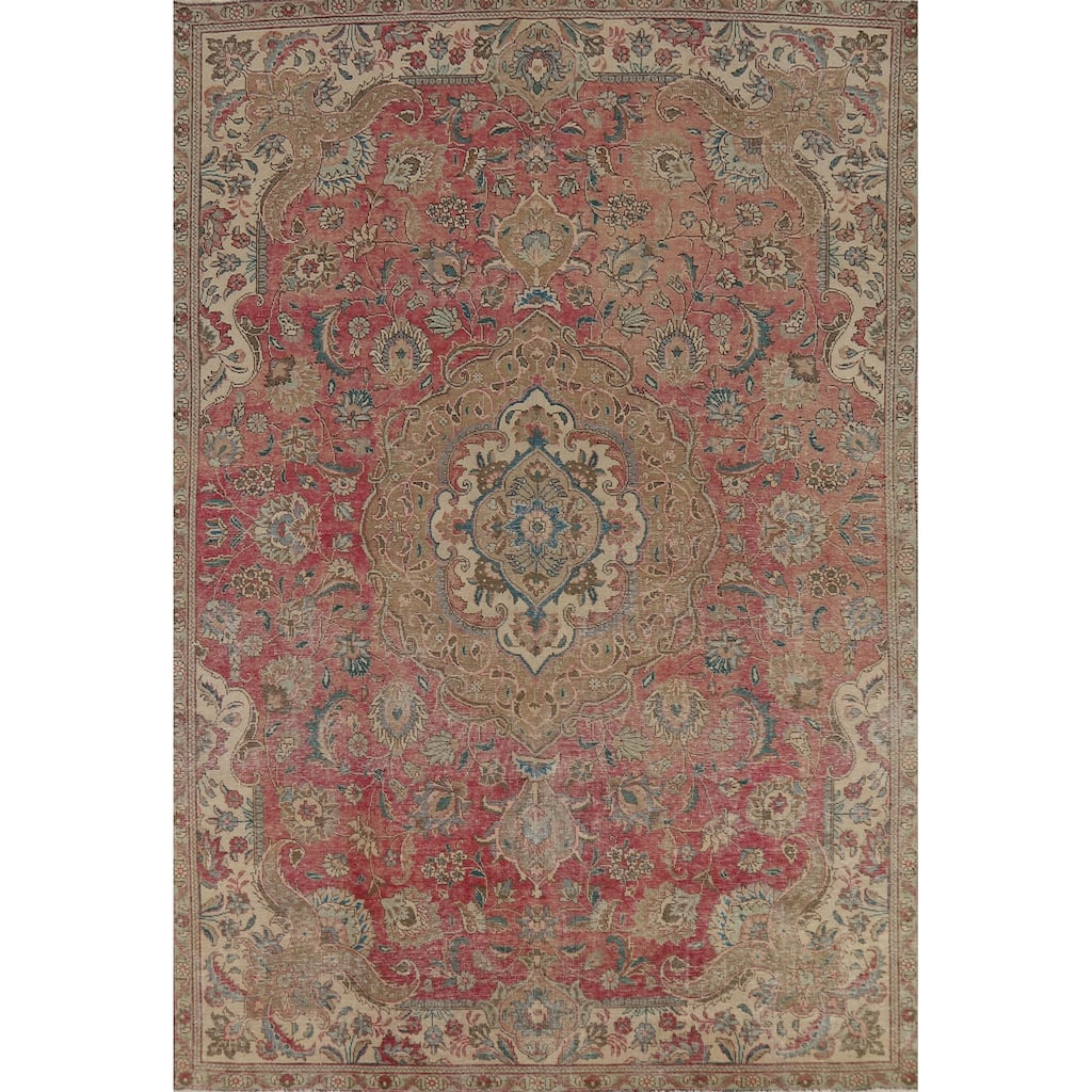 Tabriz Persian Vintage Rug Handmade Medallion Floral Wool Carpet - 7'6" x 10'10"