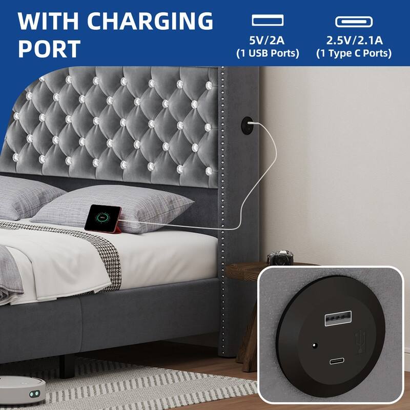 Moasis King/Queen Size Velvet Upholstered Bed Frame with Storage Headboard with USB Charging Stations