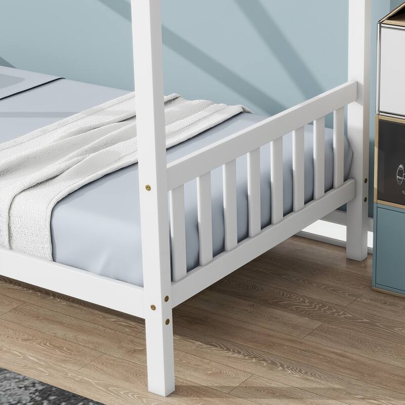 White Twin House Bed with Headboard and Footboard, Rubber Wood Frame