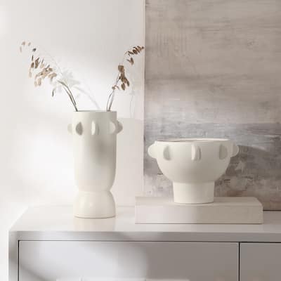 SAFAVIEH Home Amia Off White Ceramic Semi Gloss Tab Accents Vase Set of 2