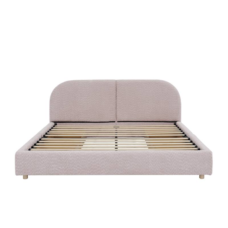 Queen Size Upholstered Bed Frame Modern Minimalist Style - Circle Yarn Fabric, Tall Curved Headboard