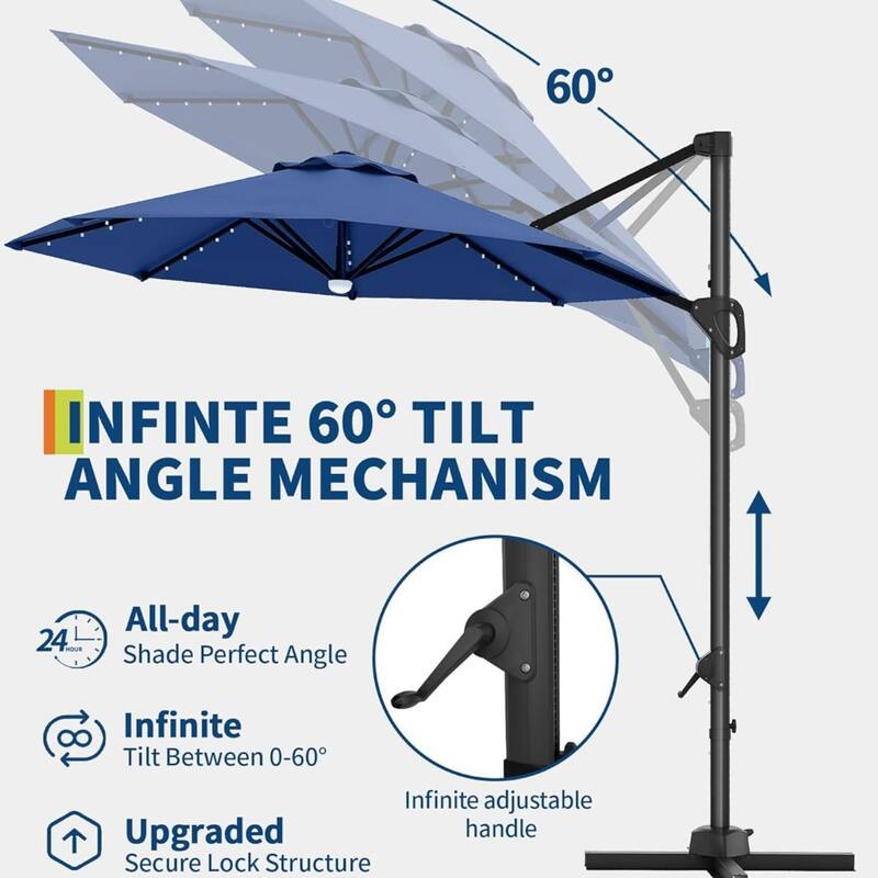 10FT Outdoor Patio Cantilever Umbrella with LED for Garden Pool Deck BackYard