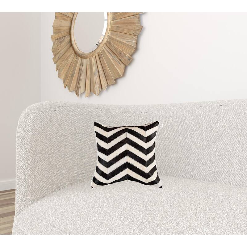 18" X 18" Black and Off White Chevron Cowhide Pillow