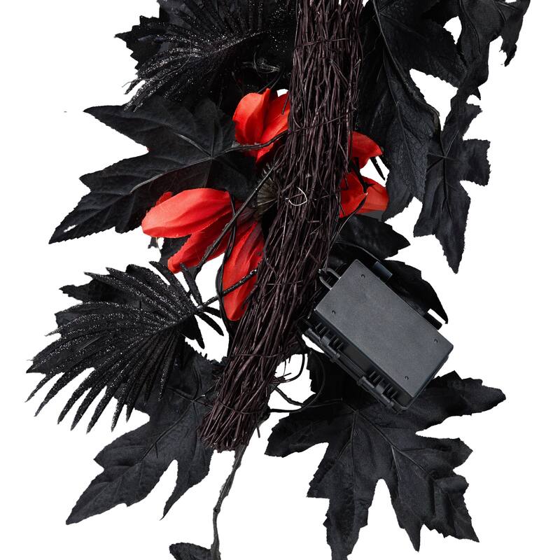 National Tree Company 6 ft. Artificial Boo-tiful Halloween Garland with Orange Florals and White Skull, 30 Green LED Lights