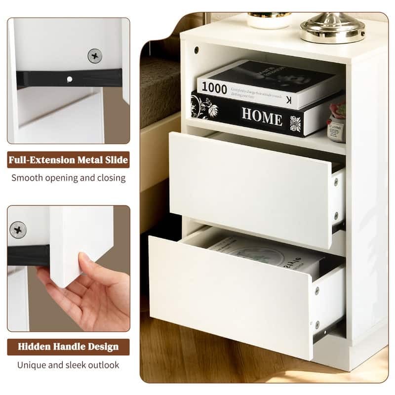 15.7" White Nightstand, P2 Particleboard, Matte Melamine, Beveled Drawer, 2 Drawers