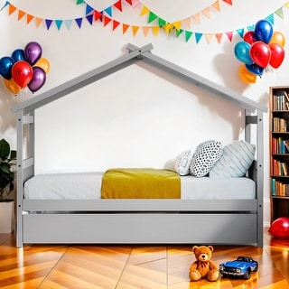 Twin Size Wooden House Platform Bed with Twin Size Trundle