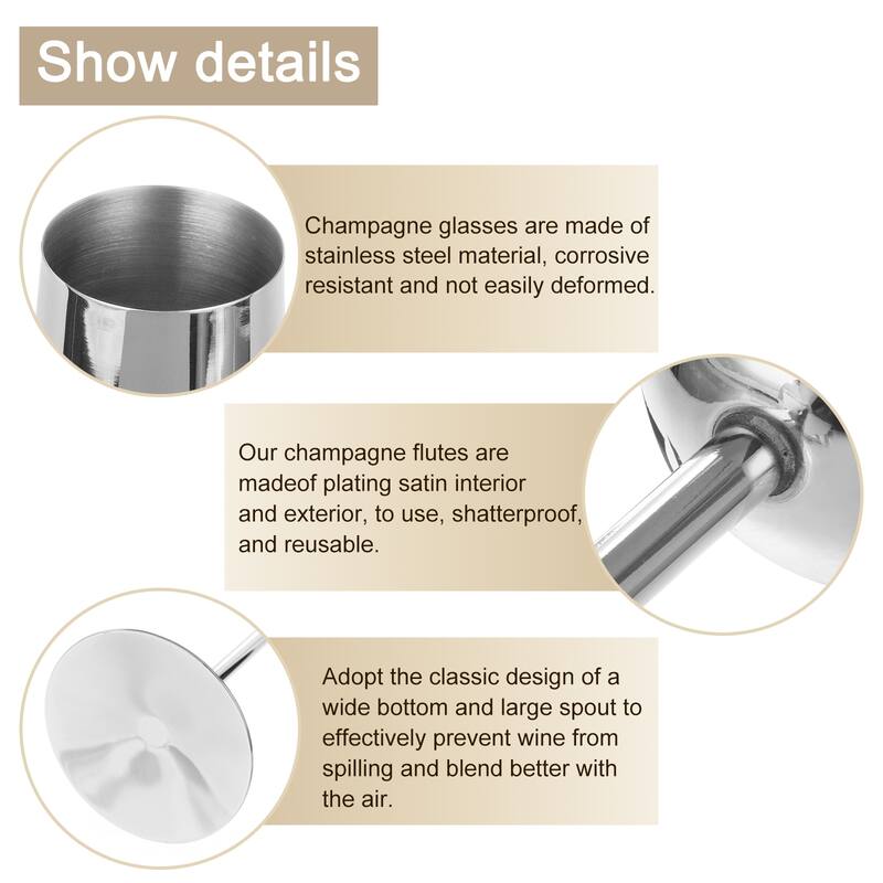 Unbreakable Stemmed Champagne Glasses, 270ml/9 OZ Silver Champagne Flutes，Silver