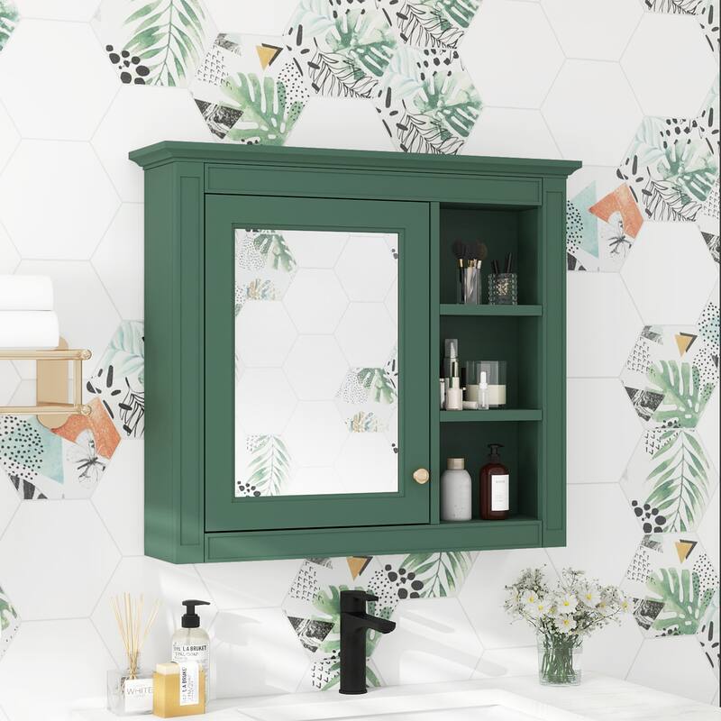 30'' x 28'' Medicine Cabinet, Wall Mounted Bathroom Storage Cabinet, Modern Bathroom Wall Cabinet with Mirror,Medicine Cabinet - Green