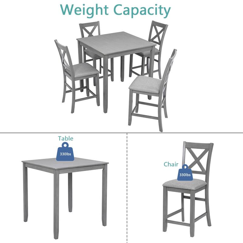 5 Piece Dining Table Set, Wooden Counter Height Kitchen Table Set with 1 Square Table and 4 Upholstered Chairs
