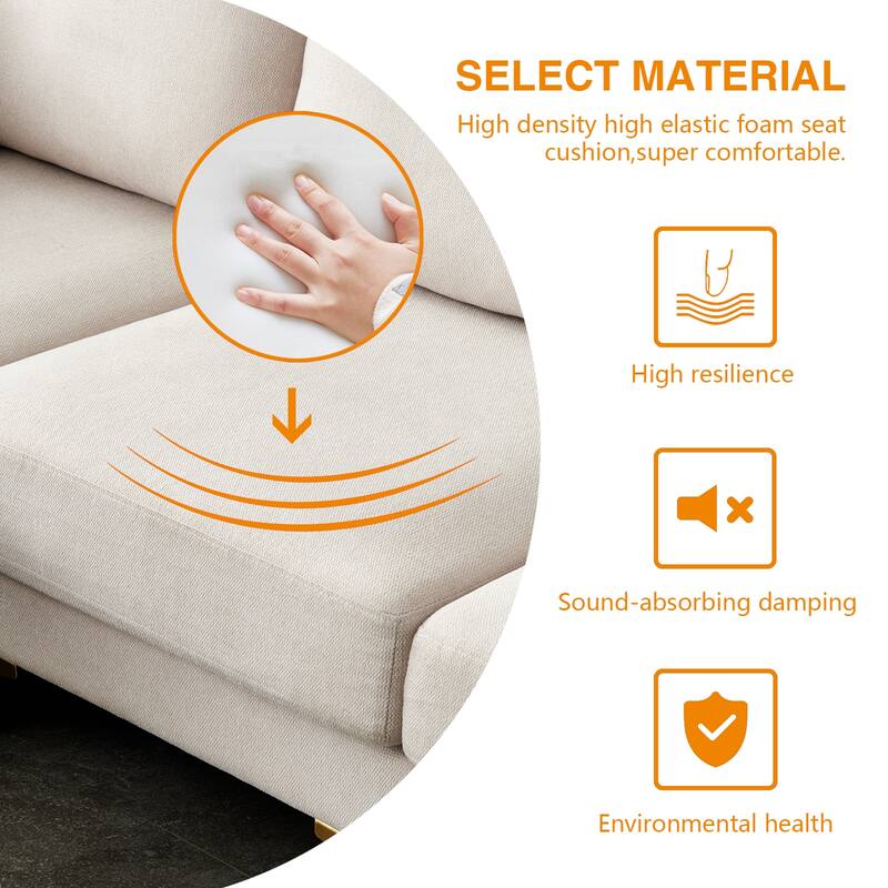 92'' Fabric L-Shape 3-Seater Sofa with Ottoman, Gold Metal Legs, and Toss Pillows