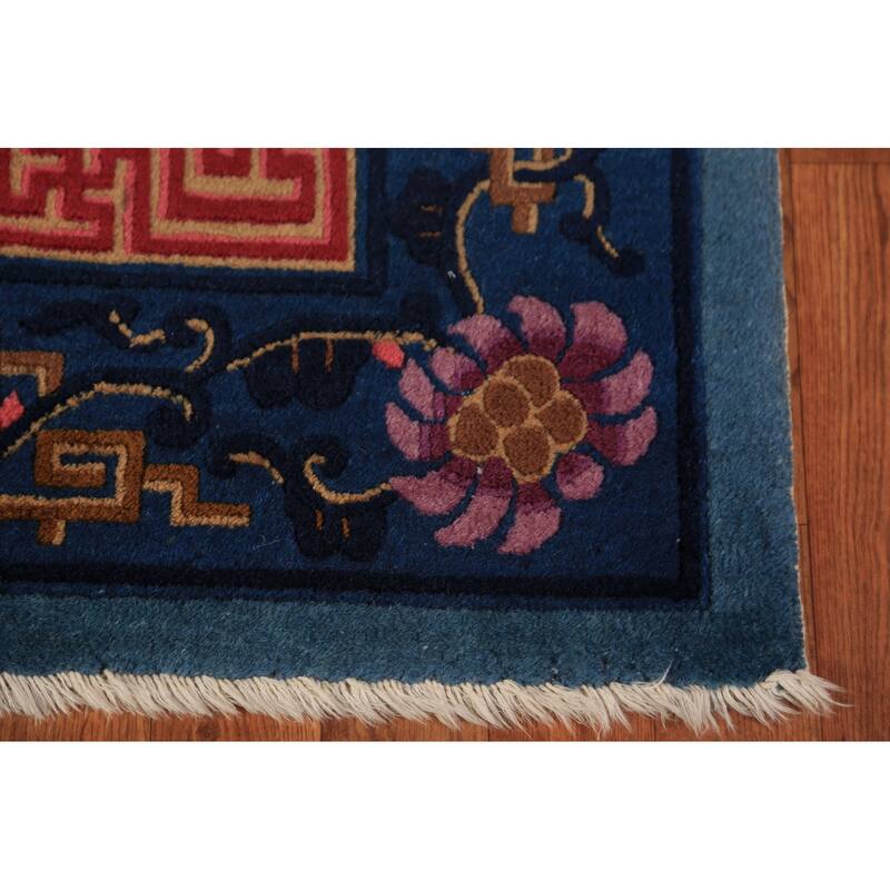 Vegetable Dye Blue Art Deco Chinese Vintage Handmade Wool Carpet - 6'5" x 9'7"