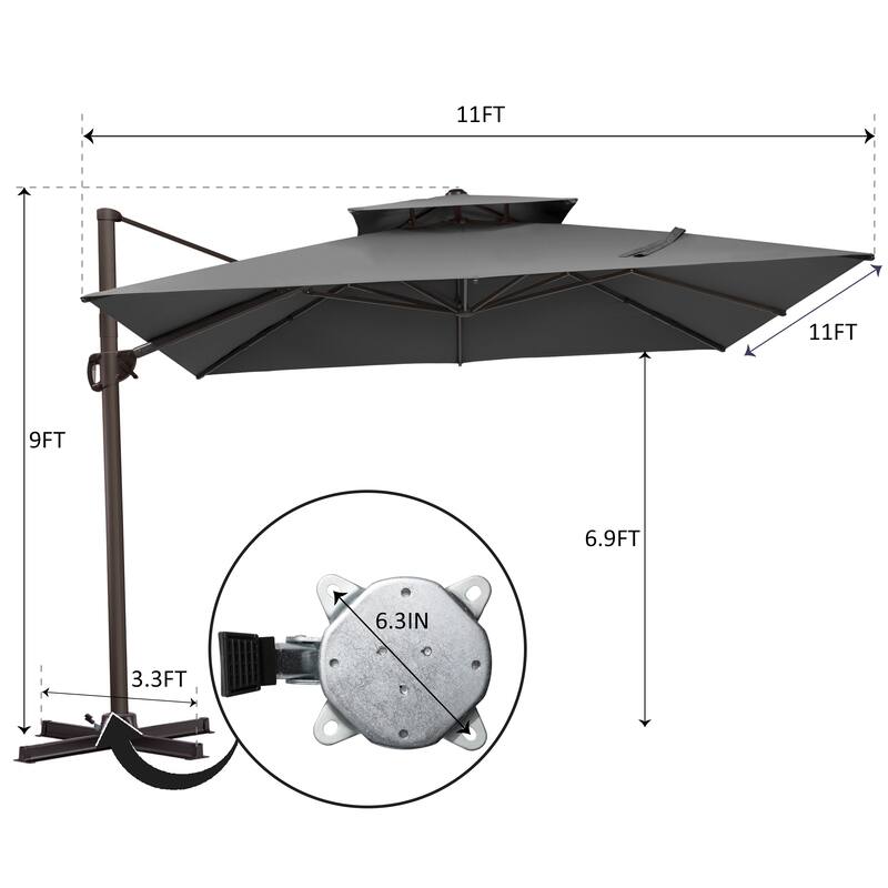11 ft Square Patio Cantilever Offset Umbrella Double Top with Offset Base