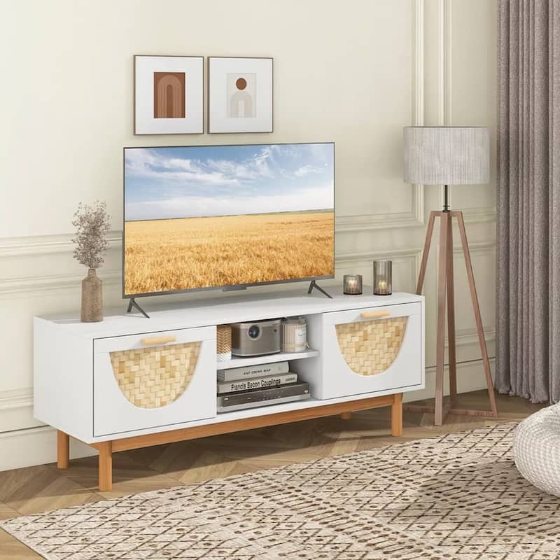 TV Stand for 55-Inch TVs with 2 Drawers & Bamboo Woven Fronts - 47 inches in width