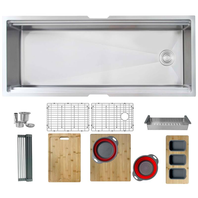 STYLISH 45 inches Ledge Workstation Single Bowl Undermount 16 Gauge Stainless Steel Kitchen Sink with Built in Accessories